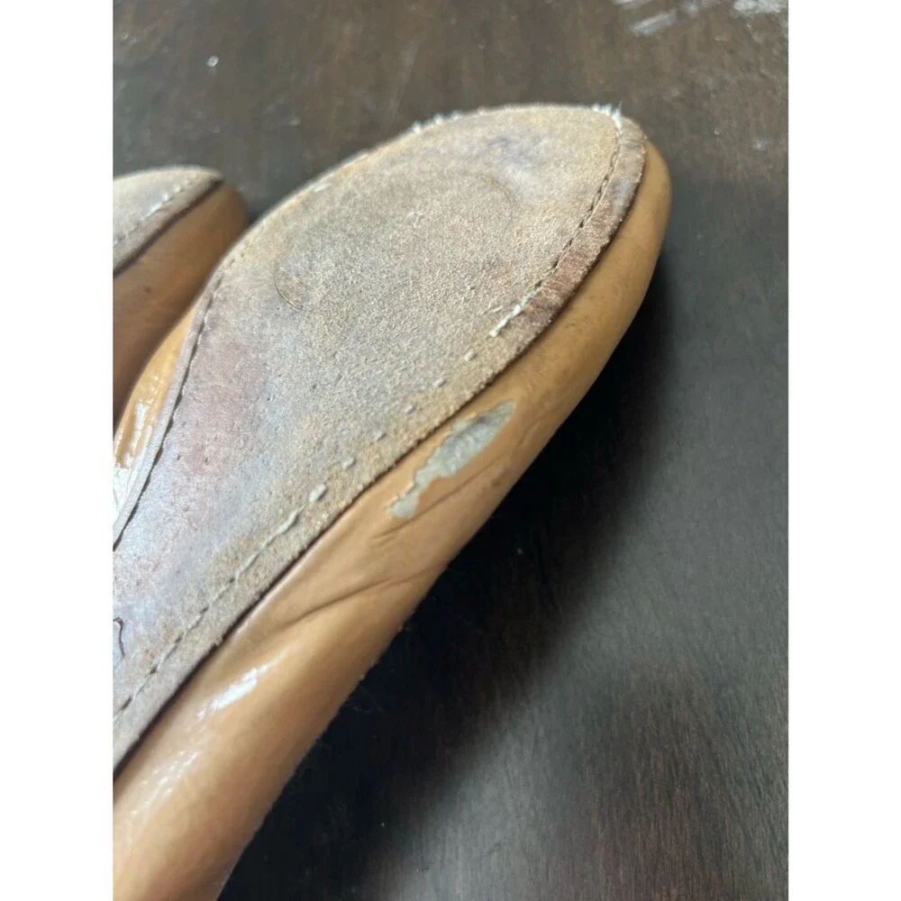 Tory Burch Tan Patent Leather Logo Ballet Flats Clair Elastic